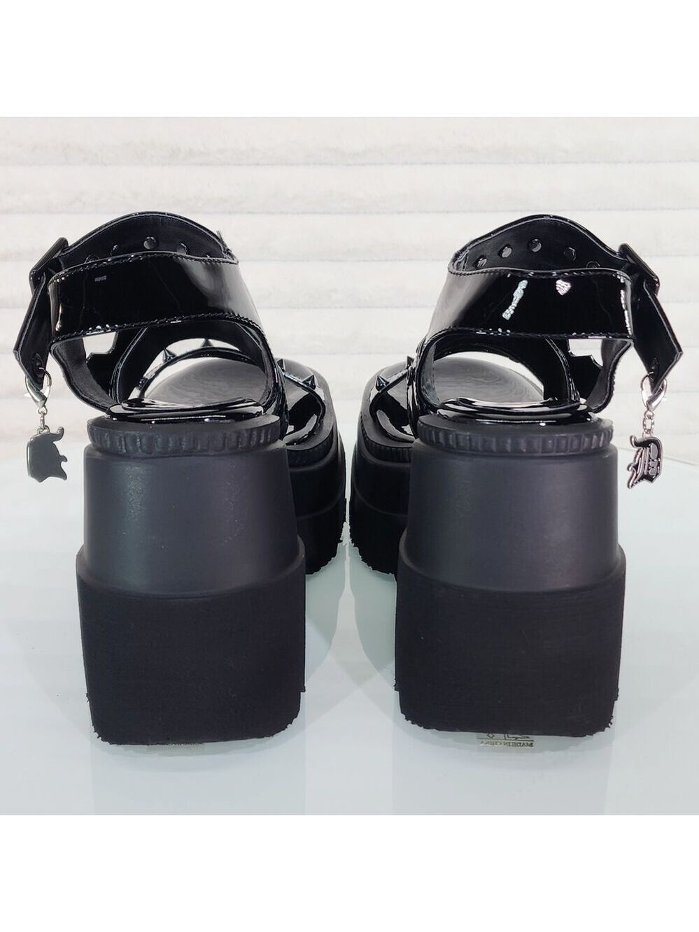 NIB Shaker 13 Black Out Patent 4.5" Wedge Heel Gothic Sandals Studs Charms - Picture 4 of 9
